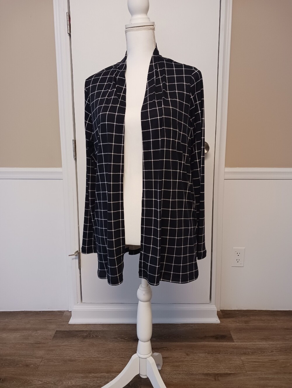 Navy & White Grid Open Front Cardigan Size Small